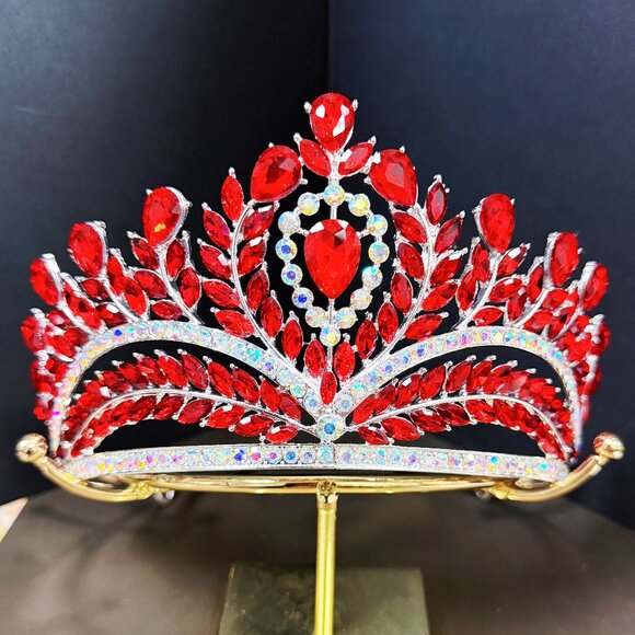 Red Crystal Crown, Quinceanera Crown, Silver Wedding Tiara, Bridal Headpiece
